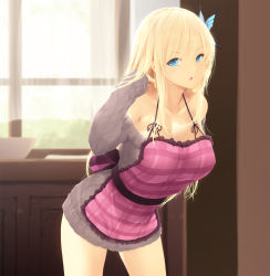 Rule 34 | 1girl, apron, blonde hair, blue eyes, boku wa tomodachi ga sukunai, breasts, butterfly hair ornament, cait aron, cleavage, day, grey sweater, hair ornament, hand in own hair, highres, indoors, kashiwazaki sena, long hair, looking at viewer, pink apron, plaid, plaid apron, smile, solo, sweater