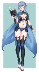 Rule 34 | 1girl, alternate costume, black thighhighs, blue cape, blue hair, blue panties, blunt bangs, blush, book, braid, breasts, brown eyes, cape, cleavage, cleavage cutout, closed mouth, clothing cutout, commentary, commission, cosplay, crown braid, dark mage (fire emblem fates), english commentary, fire emblem, fire emblem: three houses, fire emblem fates, highres, holding, holding book, igni tion, large breasts, looking at viewer, marianne von edmund, navel, nintendo, ophelia (fire emblem), ophelia (fire emblem) (cosplay), panties, short hair, sidelocks, smile, solo, stomach, stomach cutout, thighhighs, toenails, toes, underwear