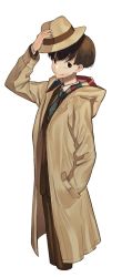 Rule 34 | 1boy, bad id, bad pixiv id, blue necktie, brown coat, brown eyes, brown hair, brown hat, brown jacket, brown pants, chungu, closed mouth, coat, collared shirt, cropped legs, fedora, formal, hand in pocket, hat, highres, holding, holding clothes, holding hat, hood, hood down, hooded coat, jacket, looking at viewer, male focus, moritsuka shun, necktie, occultic;nine, pants, shirt, smile, solo, standing, suit, white shirt, wing collar, yellow coat