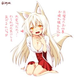 Rule 34 | 1girl, animal ear fluff, animal ears, barefoot, breasts, cleavage, fang, fox ears, fox tail, japanese clothes, kohaku (yua), miko, open mouth, original, slit pupils, solo, tail, translation request, white background, white hair, yellow eyes, yua (checkmate)