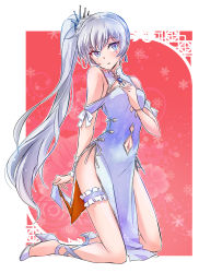 Rule 34 | 1girl, absurdres, bare shoulders, blue eyes, bracelet, breasts, china dress, chinese clothes, clothing cutout, commentary request, dress, earrings, full body, gem, hair ornament, hand on own chest, high heels, highres, iesupa, jewelry, kneeling, legs, legwear garter, long hair, navel, navel cutout, parted lips, pelvic curtain, pendant, ponytail, rwby, scar, scar across eye, scar on face, side ponytail, side slit, single legwear garter, skirt hold, small breasts, snowflake background, snowflake print, solo, thigh strap, thighhighs, tiara, very long hair, weiss schnee, white background, white hair