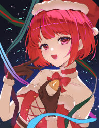 1girl absurdres arima_kana bare_shoulders bell blush bob_cut brown_gloves chinese_commentary christmas commentary fur-trimmed_gloves fur_trim gloves hat highres looking_at_viewer luobo2016 neck_bell open_mouth oshi_no_ko red_eyes red_hair santa_costume santa_hat short_hair smile solo upper_body