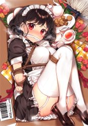 Rule 34 | 1girl, apron, arms behind back, barcode, blush, bound, box, breasts, brown footwear, cup, dress, embarrassed, flower, garter straps, highres, in box, in container, loafers, looking at viewer, lying, maid, maid headdress, medium breasts, mop, on side, original, red eyes, rope, sakura yuki (clochette), shoes, short hair, sidelocks, solo, sweat, tea, teacup, teapot, thighhighs, thighs, white thighhighs