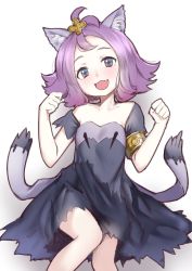 Rule 34 | 1girl, acerola (pokemon), animal ears, armlet, cat ears, creatures (company), dress, elite four, flipped hair, game freak, hair ornament, half updo, highres, nintendo, open mouth, pokemon, pokemon sm, purple dress, purple hair, short hair, simple background, solo, stitches, sunege (hp0715), topknot, torn clothes, torn dress, trial captain, white background