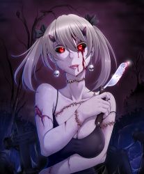 Rule 34 | 1girl, bare shoulders, black ribbon, black sclera, blood, blood on face, breasts, collarbone, colored sclera, deep wound, earrings, covered erect nipples, fangs, geewhy, ghoul, graveyard, hair ribbon, halloween, highres, horns, injury, jewelry, large breasts, licking lips, looking at viewer, night, no bra, original, pale skin, purple lips, razor, red eyes, ribbon, severed head, silver hair, skull earrings, solo, stitches, tank top, tongue, tongue out, tree, twintails, upper body, zombie