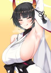Rule 34 | 1girl, absurdres, arm behind head, arm up, armpits, black hair, blue archive, blush, breasts, closed eyes, crimecrime, detached sleeves, earrings, halo, highres, hoop earrings, japanese clothes, jewelry, kimono, large breasts, licking lips, mole, mole under eye, niya (blue archive), sash, short hair, sideboob, sleeveless, sleeveless kimono, smile, solo, tassel, tongue, tongue out, white kimono, wide sleeves, yellow background