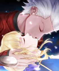 Rule 34 | 1boy, 1girl, antatika, archer (fate), artoria pendragon (fate), blonde hair, chinese commentary, coat, closed eyes, fate/stay night, fate (series), from side, hetero, highres, kiss, petals, profile, red coat, saber (fate), short hair, tan, white hair