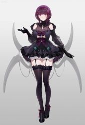 Rule 34 | 1girl, arthropod girl, bare shoulders, black footwear, black gloves, black thighhighs, blush, breasts, chowbie, closed mouth, commentary, detached sleeves, elbow gloves, english commentary, full body, gloves, grey background, hand up, highres, insect girl, large breasts, long sleeves, looking at viewer, original, purple eyes, purple hair, see-through, see-through sleeves, spider girl, standing, thighhighs, thighs