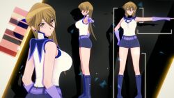 Rule 34 | 1girl, 3d, adapted costume, artist request, ass, bare legs, bare shoulders, blonde hair, blush, breasts, character sheet, denim, denim skirt, elbow gloves, female focus, fingerless gloves, full body, gloves, highres, large breasts, long hair, looking at viewer, looking back, miniskirt, multiple views, obelisk blue uniform, school uniform, shiny clothes, shiny skin, shirt, simple background, skirt, smile, solo, standing, tenjouin asuka, very long hair, wide hips, yellow eyes, yu-gi-oh!, yu-gi-oh! gx