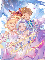 Rule 34 | 1boy, 2girls, absurdres, anniversary, bare shoulders, blonde hair, blue eyes, blue flower, blue hair, blue rose, blue shirt, brown eyes, brown hair, closed eyes, collared shirt, commentary, djeeta (granblue fantasy), dress, earrings, english commentary, english text, flower, gloves, gran (granblue fantasy), granblue fantasy, hair flower, hair ornament, highres, jacket, jewelry, long hair, lyria (granblue fantasy), minaba hideo, mini dragon, multiple girls, necktie, official art, one eye closed, open mouth, pants, rose, shirt, short hair, smile, teeth, vyrn (granblue fantasy), white dress, white flower, white gloves, white jacket, white pants, white rose