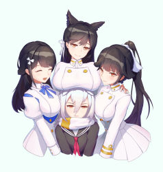 Rule 34 | 4girls, ^ ^, ancle (aruncle), animal ears, atago (azur lane), azur lane, black hair, blush, breast envy, breast rest, breasts, breasts on head, brown eyes, choukai (azur lane), closed eyes, dated, closed eyes, girl sandwich, hair between eyes, hair ornament, hair ribbon, hand on another&#039;s shoulder, highres, large belt, large breasts, long hair, long sleeves, maya (azur lane), military, military uniform, mole, mole under eye, multiple girls, naval uniform, open mouth, ponytail, ribbon, sandwiched, scarf, school uniform, serafuku, small breasts, smile, surrounded by breasts, takao (azur lane), uniform, white hair