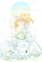 Rule 34 | 1boy, 1girl, bare shoulders, blonde hair, blush, bouquet, bridal veil, bride, brother and sister, couple, dress, earrings, elbow gloves, closed eyes, flower, formal, gloves, hetero, highres, imminent kiss, incest, jewelry, kagamine len, kagamine rin, kiss, necklace, ponytail, short hair, siblings, suit, twincest, twins, veil, vocaloid, wedding, wedding dress, zashiki usagi