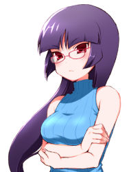 Rule 34 | 1990s (style), 1girl, bare shoulders, blush, breast hold, breasts, creatures (company), crossed arms, frown, game freak, glasses, gym leader, hime cut, hizuki akira, long hair, looking at viewer, medium breasts, nintendo, pokemon, pokemon rgby, purple hair, red-framed eyewear, red eyes, retro artstyle, sabrina (pokemon), simple background, solo, tsurime, turtleneck, upper body, white background