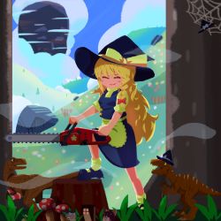 Rule 34 | 1girl, apron, black footwear, black skirt, black vest, blonde hair, blouse, bow, braid, chainsaw, closed eyes, closed mouth, cloud, commentary request, cookie (touhou), day, dinosaur, flower, forest, frilled bow, frills, full body, grass, hair between eyes, hair bow, hakurei reimu, hat, hat bow, hill, holding, holding chainsaw, kirisame marisa, long hair, looking at viewer, mary janes, mushroom, nature, outdoors, psychic parrot, red bow, red flower, shirt, shoes, side braid, silk, single braid, skirt, smile, socks, spider web, standing, star (symbol), suzu (cookie), touhou, tree, tree stump, velociraptor, very long hair, vest, waist apron, white apron, white bow, white flower, white legwear, white shirt, witch hat, yukkuri shiteitte ne