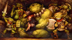 Rule 34 | 1girl, axe, belt, black footwear, bloomers, boots, brown footwear, brown hair, cape, character request, closed mouth, colored skin, dragon&#039;s crown, game cg, goblin, goblin male, green skin, grin, hat, head rest, highres, holding, holding staff, holding sword, holding weapon, jewelry, loincloth, necklace, no pupils, official art, open mouth, outstretched arm, pointy ears, purple eyes, shield, shigatake, shoes, short hair, sitting, sitting on lap, sitting on person, skull necklace, smile, staff, standing, sword, underwear, weapon, witch, witch hat
