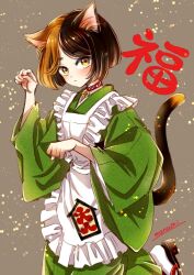 Rule 34 | 1girl, animal collar, animal ear fluff, animal ears, apron, artist name, bell, blush, bob cut, brown footwear, brown hair, cat ears, cat girl, cat tail, closed mouth, collar, commentary request, frilled apron, frills, green kimono, grey background, hand up, japanese clothes, jingle bell, kimono, light brown hair, long sleeves, looking at viewer, maid apron, multicolored hair, nail polish, neck bell, original, paw pose, red collar, red nails, sandals, short hair, signature, simple background, socks, solo, standing, standing on one leg, sugano manami, tabi, tail, translation request, two-tone hair, white apron, white socks, wide sleeves, yellow eyes, zouri