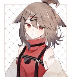 Rule 34 | 1girl, :o, animal ears, arknights, bandaid, bandaid on shoulder, breasts, brown hair, cutter (arknights), dated, earclip, figmnts, fox ears, fox girl, hair ornament, hairclip, highres, jacket, jewelry, looking at viewer, necklace, off shoulder, open clothes, open jacket, parted lips, red eyes, red shirt, shirt, short hair, simple background, sleeveless, sleeveless shirt, small breasts, solo, suspenders, topknot, upper body, white background, white jacket, x hair ornament