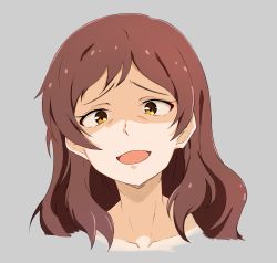 Rule 34 | 1girl, :d, bad id, bad pixiv id, brown eyes, brown hair, grey background, highres, idolmaster, idolmaster million live!, j yak47, kitazawa shiho, long hair, looking at viewer, open mouth, portrait, shaded face, simple background, smile, smirk, solo, troll face