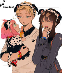 Rule 34 | 1boy, 2girls, :d, :o, ^ ^, absurdres, ahoge, animal ears, anya (spy x family), black hair, black nails, black shirt, black skirt, blonde hair, blue eyes, blush, blush stickers, boots, bracelet, brown sweater, carrying, child, churro, closed eyes, closed mouth, collar, collared shirt, commentary request, criss-cross suspenders, dalmatian print, dog ears, dog girl, dog tail, dress, earrings, eye contact, fake animal ears, fake tail, family, fingernails, food, food on face, frilled sleeves, frills, gold earrings, green eyes, grey dress, hair between eyes, hairband, highres, holding, holding food, jewelry, laughing, long sleeves, looking at another, medium hair, multicolored nails, multiple girls, nail polish, open mouth, parted bangs, paw print, peanuts omr, pink hair, pleated skirt, print hairband, print shirt, profile, red collar, red footwear, shirt, short hair, short sleeves, sidelocks, simple background, skirt, sleeves rolled up, smile, sparkle, spy x family, suspender skirt, suspenders, sweatdrop, sweater, tail, teeth, twilight (spy x family), upper teeth only, white background, white hairband, white nails, white shirt, wing collar, yor briar