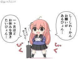Rule 34 | 1girl, ahoge, black skirt, blue shirt, chibi, commentary request, crescent, crescent hair ornament, full body, goma (yoku yatta hou jane), grey eyes, hair ornament, hair ribbon, kantai collection, long hair, low-tied long hair, luggage, open mouth, paper, pink hair, pleated skirt, ribbon, rolling suitcase, school uniform, serafuku, shirt, simple background, skirt, solo, standing, suitcase, translation request, trembling, twitter username, uzuki (kancolle), white background