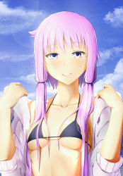 Rule 34 | 1girl, :d, abmayo, bare shoulders, bikini, bikini top only, black bikini, black ribbon, blue sky, blush, breasts, breasts apart, cloud, collarbone, day, hair ribbon, highres, jacket, lens flare, light rays, long hair, long sleeves, looking at viewer, low twintails, md5 mismatch, ocean, off shoulder, open clothes, open jacket, open mouth, outdoors, pink hair, purple eyes, ribbon, short hair with long locks, sky, sleeves past elbows, sleeves pushed up, small breasts, smile, solo, sunlight, sweater jacket, swimsuit, teeth, tsurime, twintails, underboob, undressing, upper body, vocaloid, voiceroid, water, yuzuki yukari