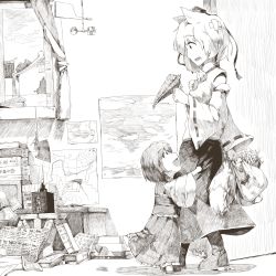 Rule 34 | 2girls, absurdres, animal ears, bag, bandaged head, bandages, bare shoulders, book, book stack, boots, curtains, detached sleeves, flower, nib pen (object), greyscale, hair flower, hair ornament, hat, hieda no akyuu, highres, holding, holding bag, inkwell, inubashiri momiji, japanese clothes, kimono, looking down, looking up, map, monochrome, moso sekai kyokai, multiple girls, open mouth, paper airplane, pen, photo (object), pom pom (clothes), poster (object), short hair, skirt, slippers, smile, tail, tokin hat, touhou, wide sleeves, window, wolf ears, wolf tail, aged down