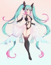 Rule 34 | 1girl, absurdly long hair, absurdres, black leotard, black sleeves, black thighhighs, blue eyes, blue hair, breasts, cleavage, closed mouth, detached sleeves, floating hair, frilled sleeves, frills, full body, gloves, gradient background, gradient hair, hair ornament, hatsune miku, highres, leotard, long hair, long sleeves, midriff, ml devil23333, multicolored hair, navel, pink background, pink hair, revealing clothes, see-through, showgirl skirt, skirt hold, smile, solo, standing, stomach, thigh gap, thighhighs, very long hair, vocaloid, white background, white gloves