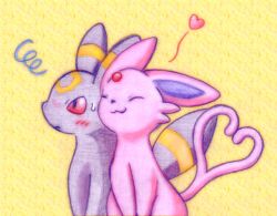 Rule 34 | asdfg21, blush, closed eyes, closed mouth, colored sclera, creatures (company), espeon, forehead jewel, forked tail, game freak, gen 2 pokemon, heart, heart tail, nintendo, no humans, pokemon, pokemon (creature), red sclera, sidelocks, smile, sweat, tail, traditional media, umbreon, yellow background