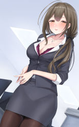 Rule 34 | 1girl, ahoge, black pantyhose, blush, bra, breasts, brown eyes, brown hair, desk, dutch angle, hair over shoulder, highres, idolmaster, idolmaster shiny colors, jewelry, kuwayama chiyuki, large breasts, long hair, necklace, office, office lady, pantyhose, parted lips, pencil skirt, shougun (chuckni1), skirt, solo, underwear