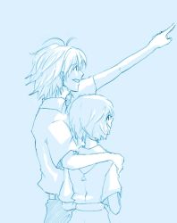 Rule 34 | 1boy, 1girl, :d, antenna hair, ayanami rei, blue theme, collared shirt, dress, dress shirt, from behind, lrk, monochrome, nagisa kaworu, neon genesis evangelion, open mouth, outstretched arm, shirt, smile