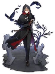 Rule 34 | 1boy, akechi hideki, artist request, bird, black cloak, blonde hair, blue eyes, brown footwear, brown gloves, cloak, crow, feathers, game cg, gloves, graveyard, highres, holding, holding mask, hood, hood up, looking at viewer, mahjong soul, male focus, mask, unworn mask, official art, outer glow, plague doctor mask, plant, simple background, smile, solo, tachi-e, third-party source, tombstone, torn, torn clothes, transparent background, tree, yostar