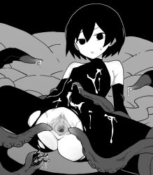 Rule 34 | 1girl, :o, akableak, arms at sides, ass, bare shoulders, black background, black eyes, black gloves, black hair, black pants, black shirt, bob cut, bound, bound arms, bound legs, breasts, clitoral hood, clitoris, commentary, cum, cum on clothes, elbow gloves, empty eyes, english commentary, feet out of frame, gloves, grey background, greyscale, groin, hair between eyes, high contrast, highres, looking at viewer, lying, monochrome, monogatari (series), on back, oshino ougi, outline, pants, parted lips, pussy, raised eyebrows, shirt, short hair, sleeveless, sleeveless shirt, sleeveless turtleneck, small breasts, solo, spread by another, spread legs, spread pussy, sweatdrop, tentacle sex, tentacles, torn clothes, torn pants, turtleneck, uncensored, urethra, white outline, wide spread legs