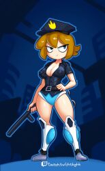 Rule 34 | 1girl, absurdres, ass, axe, blue eyes, blue leotard, boots, breasts, brown hair, city, cleavage, curvy, hand on own hip, hat, highres, holding, large breasts, leotard, looking at viewer, mighty (series), mighty switch force!, minuspal, patricia wagon, police, police hat, police uniform, policewoman, shiny skin, short hair, solo, standing, sweat, thighhighs, uniform, weapon, wide hips
