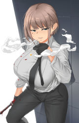 Rule 34 | 1girl, absurdres, aqua eyes, black gloves, black neckwear, black pants, blood, blood on clothes, blood on face, bloody weapon, blunt bangs, brown hair, cigarette, collared shirt, dress shirt, gloves, grey shirt, hair behind ear, highres, holding, holding cigarette, holding weapon, open mouth, original, pants, shirt, smoke, solo, weapon, zuoteng lucha