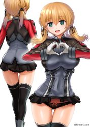 Rule 34 | 1girl, :d, aqua eyes, black panties, black skirt, black thighhighs, blonde hair, gloves, hair between eyes, heart, heart-shaped pupils, heart hands, highres, kantai collection, kinnan, long hair, long sleeves, low twintails, microskirt, military, military uniform, multiple views, open mouth, panties, pleated skirt, prinz eugen (kancolle), revision, simple background, skirt, smile, symbol-shaped pupils, thighhighs, twintails, twitter username, underwear, uniform, white background, white gloves