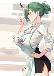 Rule 34 | 1girl, absurdres, alternate costume, apron, arknights, black skirt, breasts, chromatic aberration, collared shirt, cookie, cowboy shot, dress, food, from side, green hair, hair bun, hand on own hip, highres, horns, hoshiguma (arknights), large breasts, miniskirt, office lady, pencil skirt, profile, shirt, shirt tucked in, side slit, signature, single hair bun, single horn, skin-covered horns, skirt, sleeves rolled up, solo, tasting, thore (nathalukpol), white shirt, wing collar, yellow eyes