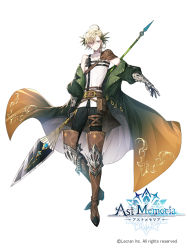 Rule 34 | 1boy, ast memoria, belt, blonde hair, boots, brown footwear, cape, copyright notice, covered navel, full body, gauntlets, green cape, holding, holding polearm, holding spear, holding weapon, knee boots, looking at viewer, male focus, mura karuki, official art, polearm, pouch, shirt, skinny, solo, spear, watermark, weapon, white background, white shirt