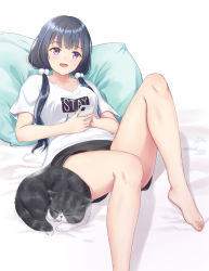 Rule 34 | 1girl, :d, animal, artist name, barefoot, bed sheet, black hair, black shorts, blunt bangs, breasts, cat, cellphone, collarbone, feet, hair bobbles, hair ornament, hair over shoulder, hands up, highres, holding, holding phone, knees up, long hair, looking at viewer, lying, on back, open mouth, original, phone, pillow, print shirt, purple eyes, shirt, short shorts, short sleeves, shorts, signature, skyrail, small breasts, smartphone, smile, solo, twintails