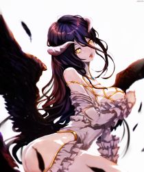 Rule 34 | 1girl, albedo (overlord), ass, bare shoulders, black hair, black wings, blurry, blush, breasts, depth of field, horns, large breasts, lips, long hair, long sleeves, looking at viewer, nekoya (liu), open mouth, overlord (maruyama), simple background, solo, very long hair, white background, wings, yellow eyes
