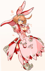 Rule 34 | 1girl, ahoge, alternate color, blue eyes, blush, bow, breasts, bridal veil, brown hair, cleavage, cleavage cutout, clothing cutout, clover, ascot, dress, elphelt valentine, four-leaf clover, full body, guilty gear, guilty gear xrd, hairband, heart, highres, large breasts, looking at viewer, randou, short hair, smile, solo, spikes, standing, thighhighs, veil
