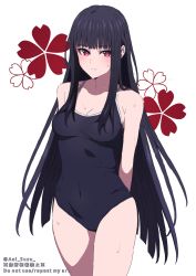 Rule 34 | 1girl, aoi suzu, artist name, bare shoulders, black hair, blush, breasts, cleavage, closed mouth, collarbone, commentary request, cowboy shot, highres, long hair, looking at viewer, original, red eyes, school swimsuit, sidelocks, simple background, solo, standing, swimsuit, wet, white background