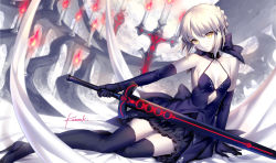 Rule 34 | 1girl, artoria pendragon (all), artoria pendragon (fate), black thighhighs, blonde hair, bow, braid, breasts, candle, dark persona, elbow gloves, excalibur morgan (fate), fate/grand order, fate/stay night, fate (series), french braid, gloves, gothic lolita, hair bow, halterneck, kousaki rui, lolita fashion, pale skin, saber (fate), saber alter, sitting, small breasts, solo, sword, thighhighs, weapon