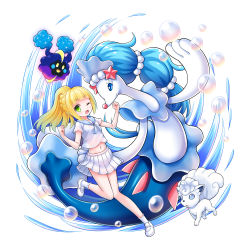 Rule 34 | 1girl, absurdres, alolan form, alolan vulpix, animal ears, animal hands, blonde hair, blue eyes, blue hair, bluebird (bluebird90), blush stickers, braid, bubble, cosmog, creatures (company), feet, fins, fox ears, fox tail, french braid, full body, game freak, gem, gen 7 pokemon, green eyes, hair ornament, hands up, highres, knees together feet apart, leg lift, legendary pokemon, lillie (pokemon), long hair, looking at viewer, looking up, midriff, navel, nintendo, one eye closed, open mouth, pearl (gemstone), pleated skirt, pokemon, pokemon (creature), pokemon sm, ponytail, primarina, shiny skin, shirt, shoes, short sleeves, simple background, skirt, smile, socks, standing, standing on one leg, starfish, tail, water, white background, white footwear, white legwear, white shirt, white skirt, wink, yellow eyes