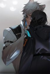 Rule 34 | 1boy, 1girl, akai 999, animal ears, arknights, black gloves, black hair, black jacket, blurry, blurry background, commentary request, doctor (arknights), earrings, eye contact, face-to-face, female doctor (arknights), gloves, grey eyes, hands in hair, hetero, highres, holding person, hood, hooded jacket, jacket, jewelry, kiss, leopard boy, leopard ears, lights, long hair, long sleeves, looking at another, shirt, silverash (arknights), silverash (elite ii) (arknights), single earring, tassel, tassel earrings, upper body, white hair, white shirt