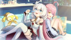 Rule 34 | 2girls, :d, absurdres, ahoge, back-to-back, bare shoulders, barefoot, black skirt, blue archive, blue eyes, couch, crossed legs, dress, food, heterochromia, highres, holding, holding food, holding popsicle, homu (honkai impact), honkai (series), honkai impact 3rd, hoshino (blue archive), long hair, looking at viewer, multiple girls, non-web source, open mouth, pink hair, popsicle, sitting, skirt, smile, songjo, source request, theresa apocalypse, theresa apocalypse (celestial hymn), thighhighs, white dress, white hair, white skirt, white sleeves, white thighhighs, yellow eyes
