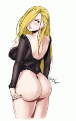 Rule 34 | 1girl, artist name, ass, ass support, back, backless outfit, blonde hair, blue eyes, breasts, closed mouth, cowboy shot, frills, from behind, fullmetal alchemist, g-string, hair over one eye, hand on own ass, highres, large breasts, lips, long hair, long sleeves, looking back, no pants, olivier mira armstrong, relaxjon, simple background, solo, standing, thong, underwear, white background
