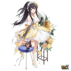 Rule 34 | 1girl, bare shoulders, barefoot, benghuai xueyuan, black hair, blue eyes, copyright name, dress, elbow gloves, flower, full body, gloves, hair ornament, hairband, heterochromia, high heels, honkai (series), jewelry, ling yi (benghuai xueyuan), long hair, necklace, official art, red eyes, smile, third-party source, white background