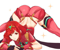 Rule 34 | 1girl, ahoge, ass, breasts, circlet, fingerless gloves, gloves, highres, jack-o&#039; challenge, looking at viewer, meme, nintendo, pyra (xenoblade), red eyes, red hair, red scarf, red shorts, scarf, shiny clothes, shiny skin, short hair, short shorts, shorts, smile, solo, thighhighs, top-down bottom-up, truejekart, xenoblade chronicles (series), xenoblade chronicles 2