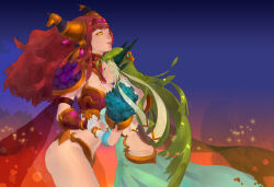 Rule 34 | 2girls, alexstrasza, armor, bikini armor, butt crack, cape, green hair, hand on head, head rest, height difference, horns, midriff, multiple girls, nal (nal&#039;s pudding), red hair, siblings, sisters, warcraft, world of warcraft, ysera