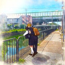 Rule 34 | 10s, 1boy, 1girl, 2016, artist name, backpack, bag, balcony, black hair, black pants, black skirt, blonde hair, blue sky, bridge, brown footwear, building, charm (object), dated, day, from behind, grass, hair ornament, hand on another&#039;s back, house, kitashirakawa tamako, kneehighs, loafers, long sleeves, low twintails, manhole cover, momose (oqo), ooji mochizou, outdoors, pants, plant, power lines, railing, reflection, river, scenery, school bag, shadow, shirt, shoes, short hair with long locks, skirt, sky, socks, stairs, standing, stone floor, summer, sun, tamako market, town, twintails, utility pole, water, white shirt, white socks, zipper